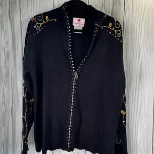 Quacker Factory Women Christmas Holly Berry Black Zip Up Cardigan L Bead Sweater